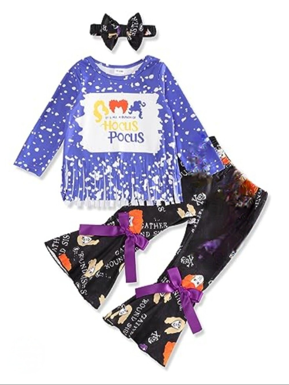 Hocus Pocus Sanderson Sisters Halloween Boutique Set Fringed Top Pants Headband